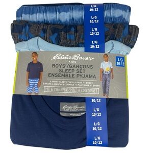 Eddie Bauer Boys 4 Piece Blue Pajama Set Shorts and Pants Size L 10/12 NWT